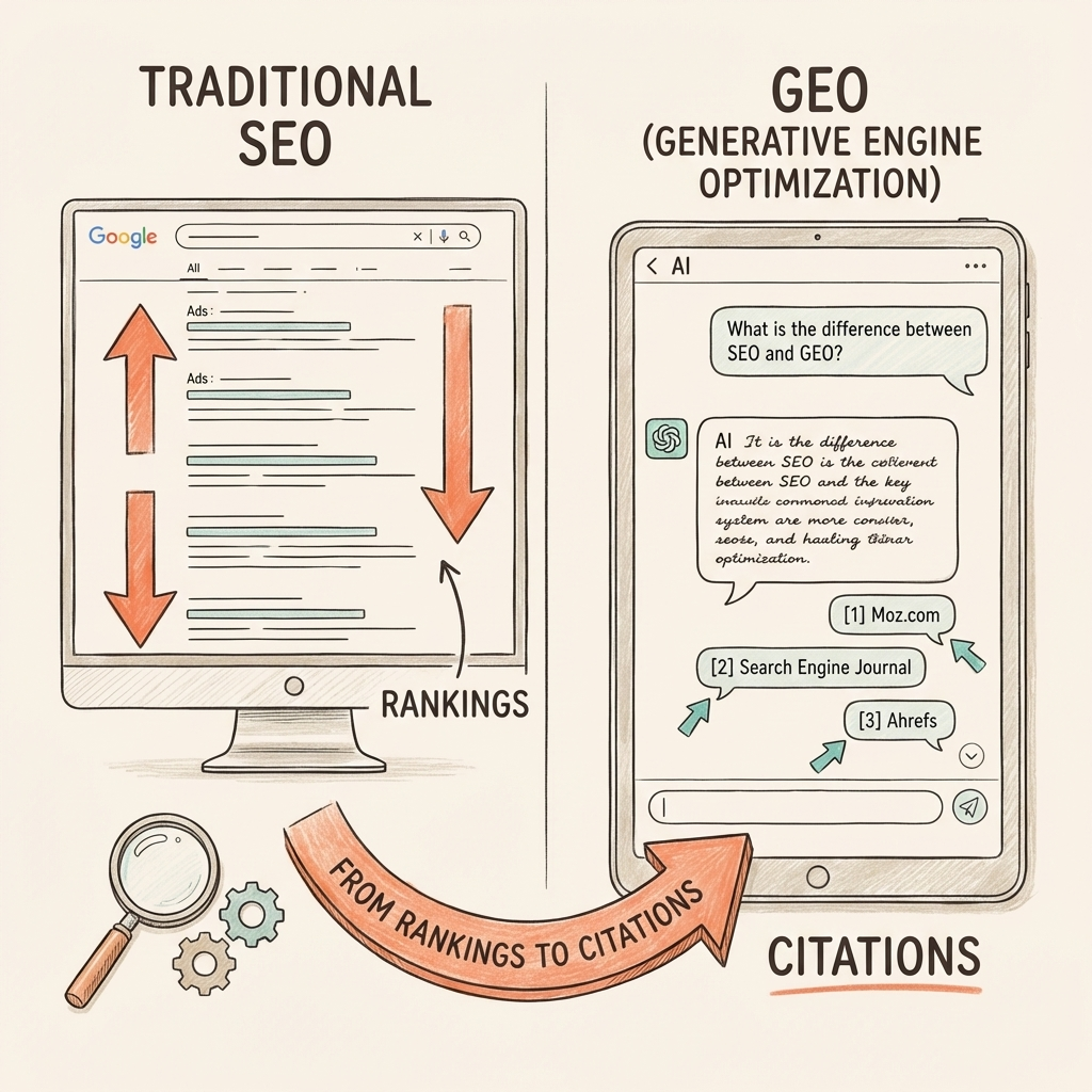 Cintra generative engine optimization vs SEO comparison showing traditional search rankings versus AI-generated citations