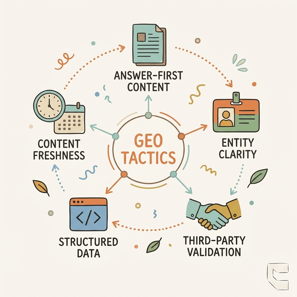 Cintra generative engine optimization five core tactics framework showing answer-first content entity clarity third-party validation structured data and content freshness