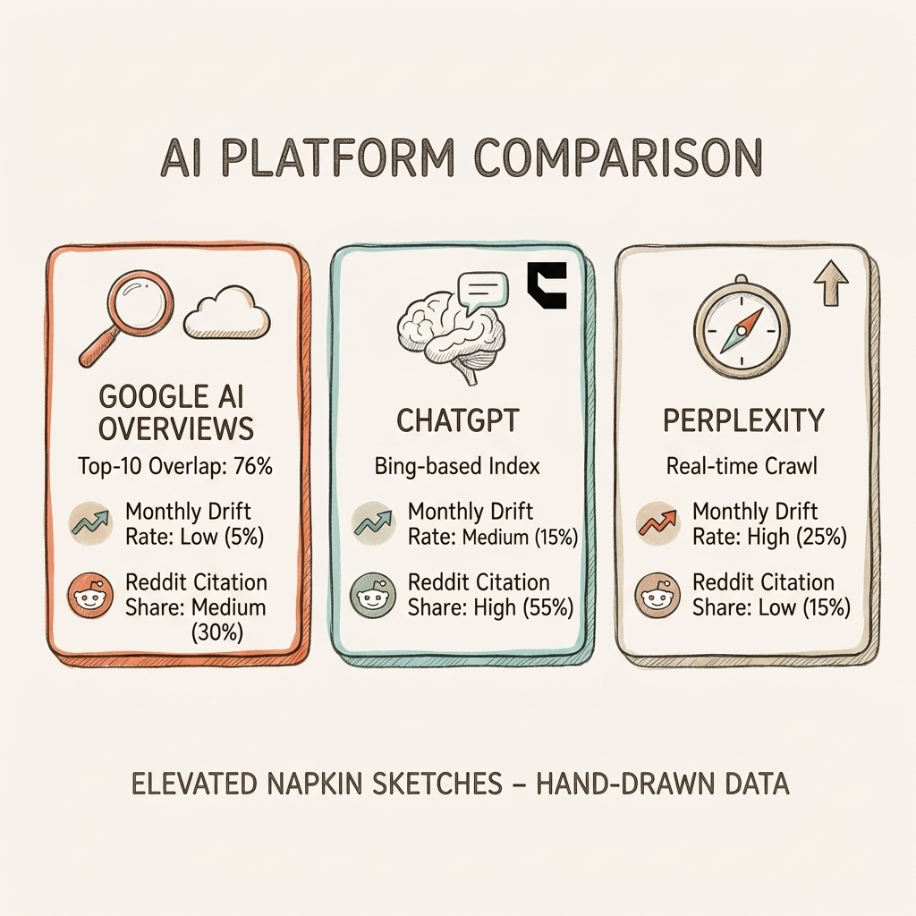 Cintra AI Overviews optimization cross-platform comparison showing Google AI Overviews vs ChatGPT vs Perplexity ranking factors