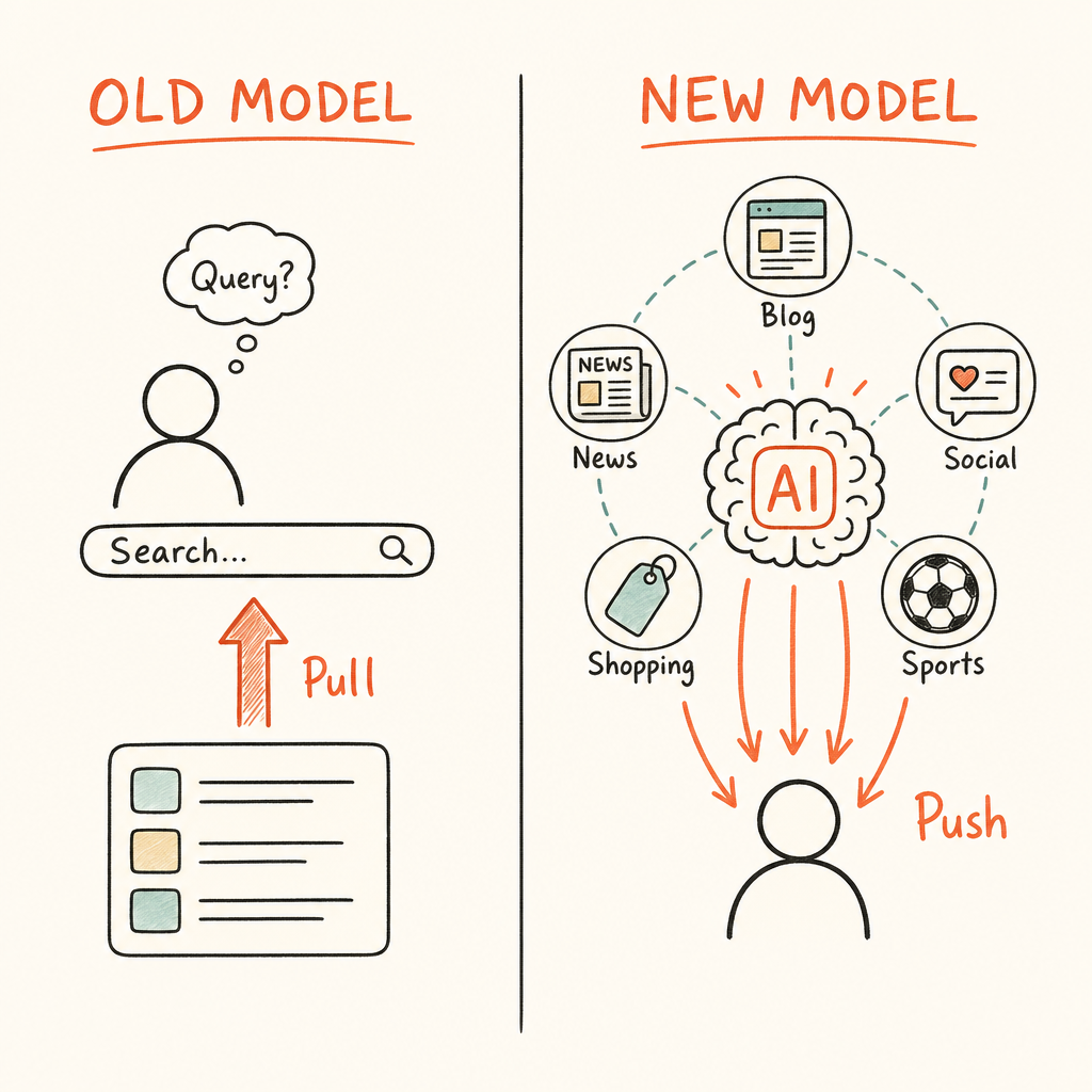 Google search agents pull vs push discovery model showing how information agents change brand visibility