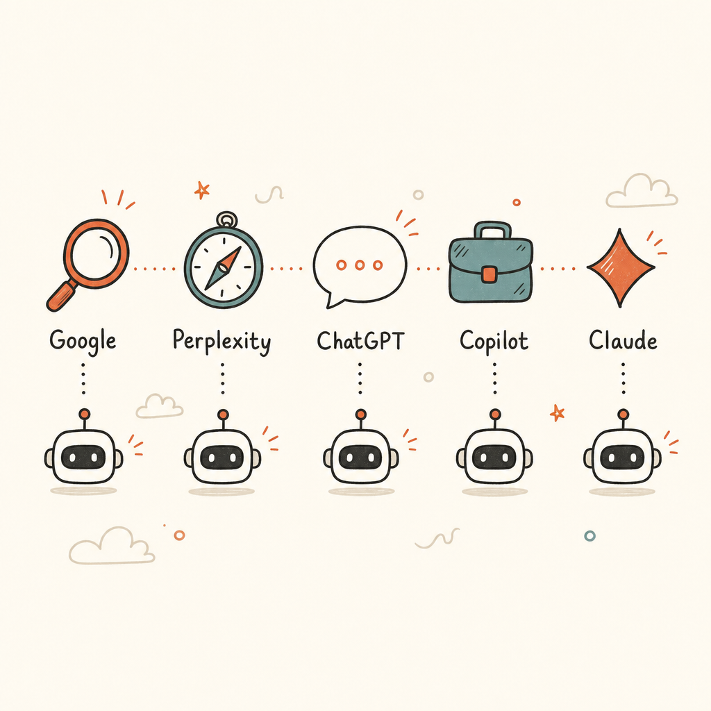AI search agents platform comparison showing Google Perplexity ChatGPT Copilot agent capabilities in 2026