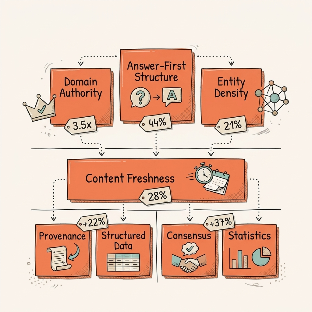 How AI engines choose sources: 8 factors ranked by evidence strength (domain authority, entity density, content freshness)