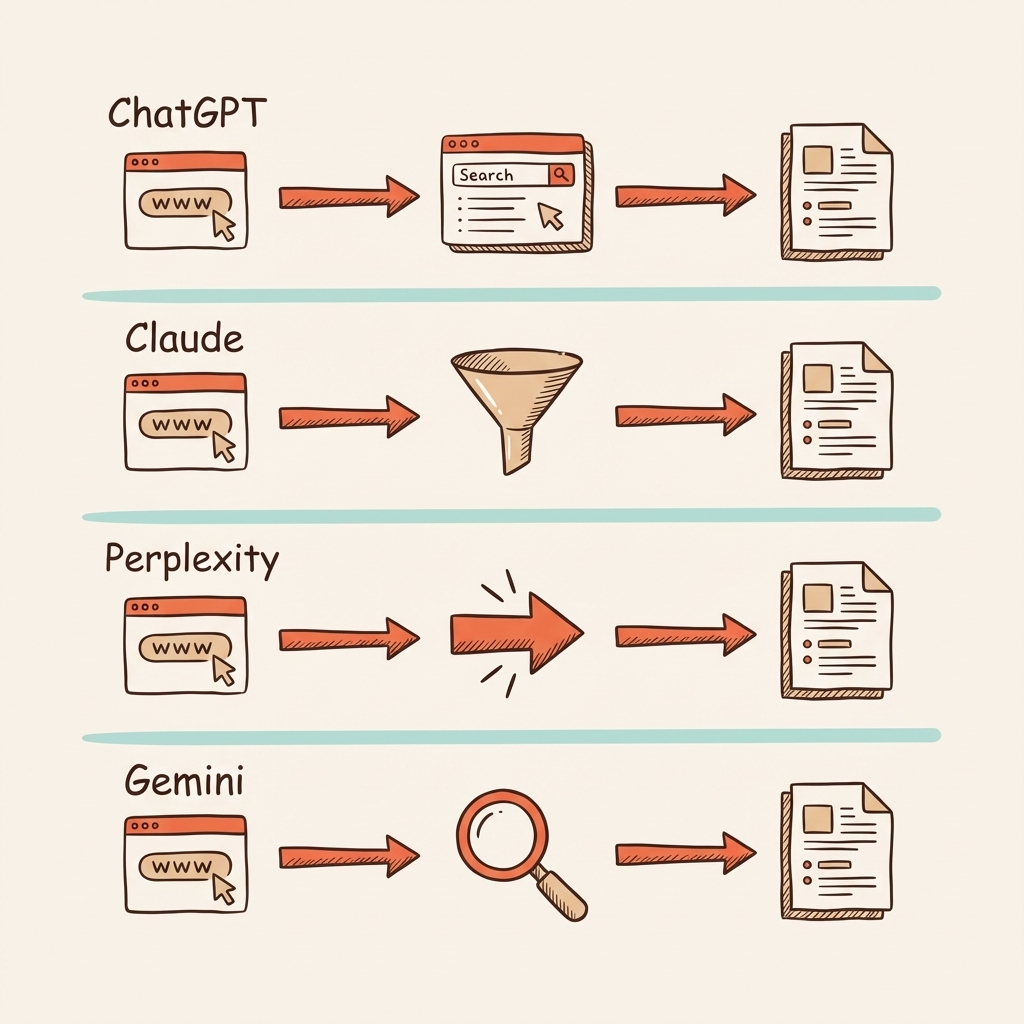 How AI models read websites — cross-model pipeline comparison showing ChatGPT, Claude, Perplexity, and Gemini content processing
