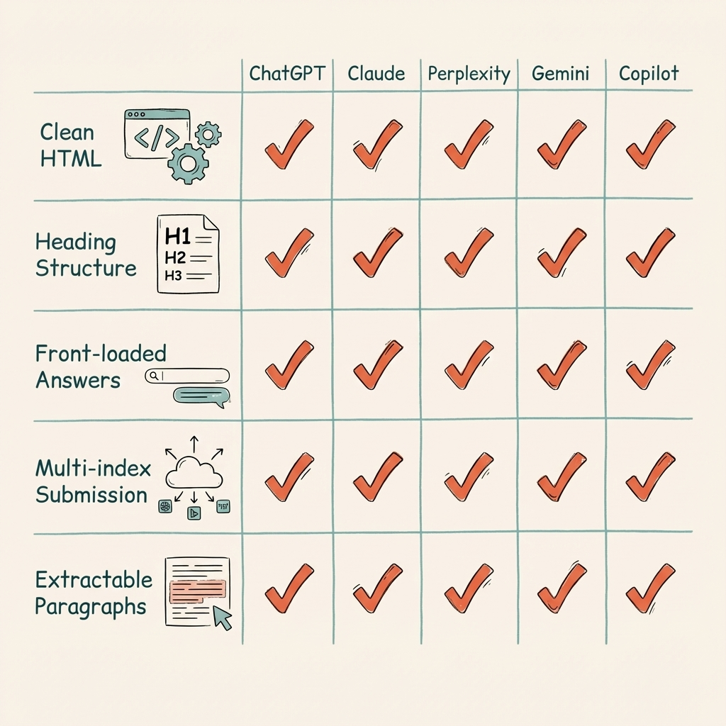 Optimization checklist for how AI models read websites — universal tactics that work across all five models