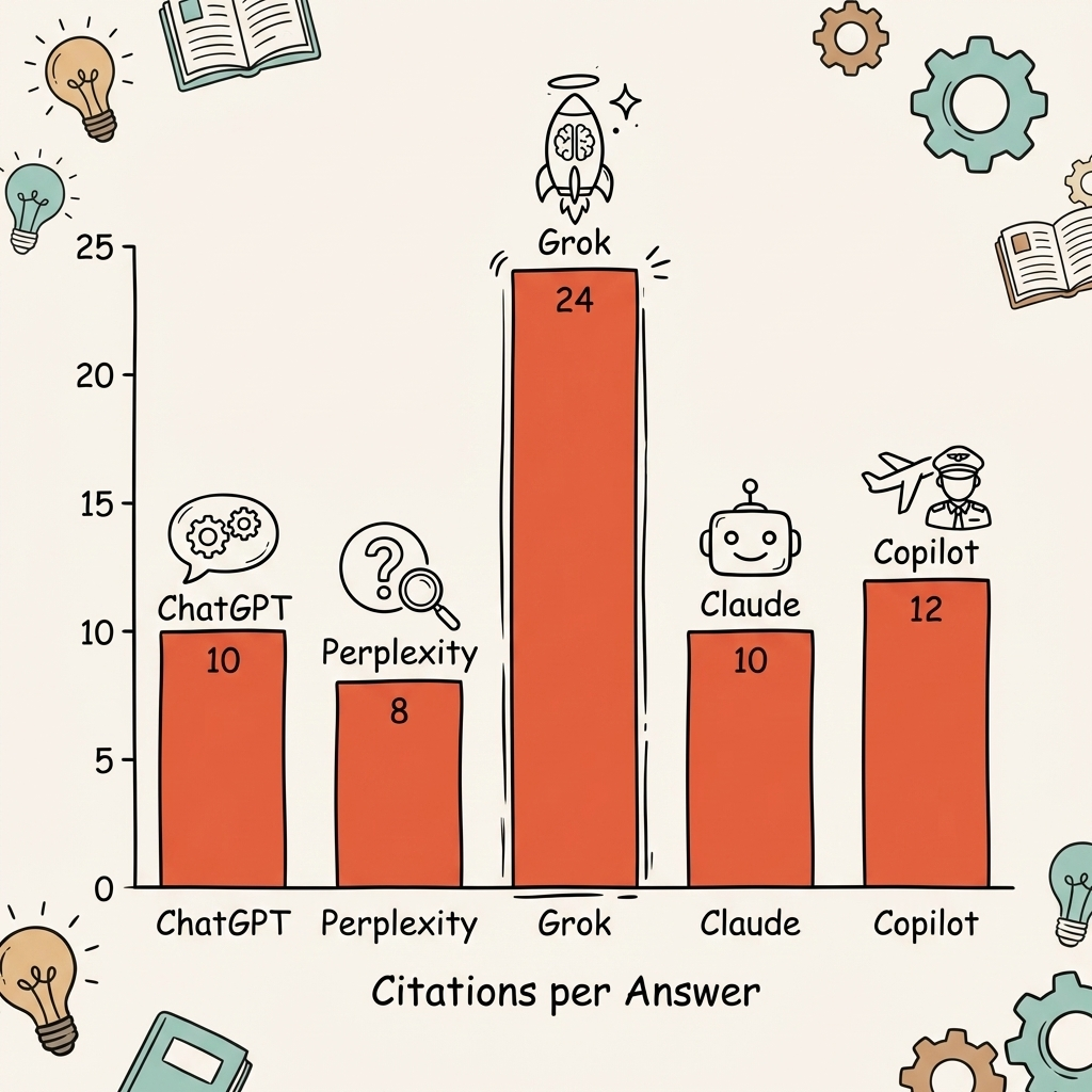 Platform comparison showing citation volume: how to get cited by Grok versus ChatGPT, Perplexity, Claude, and Copilot