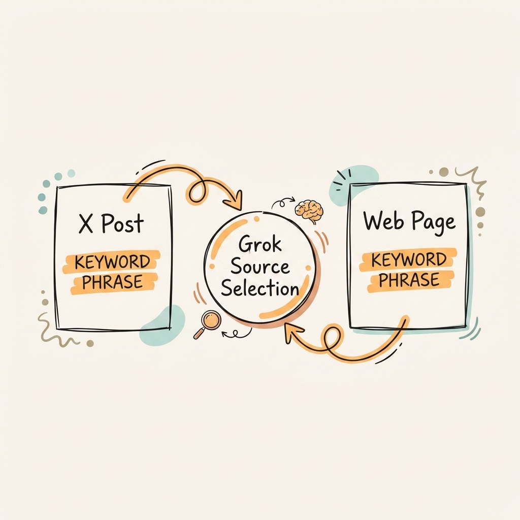 How to get cited by Grok using the X co-citation mechanic — diagram showing X post language matching on-page content to boost citations