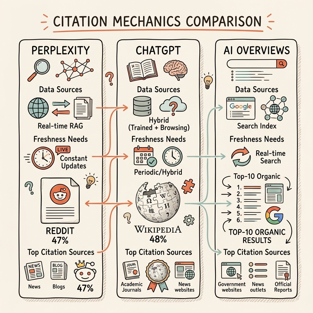 How to get cited by Perplexity vs ChatGPT vs AI Overviews — citation comparison showing source preferences and freshness requirements