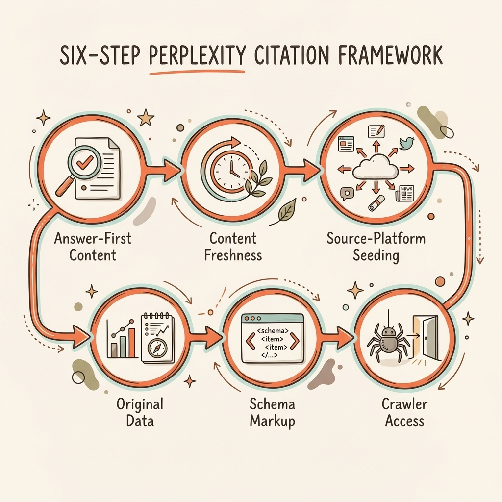 Cintra Perplexity optimization framework showing six steps to earn AI search citations