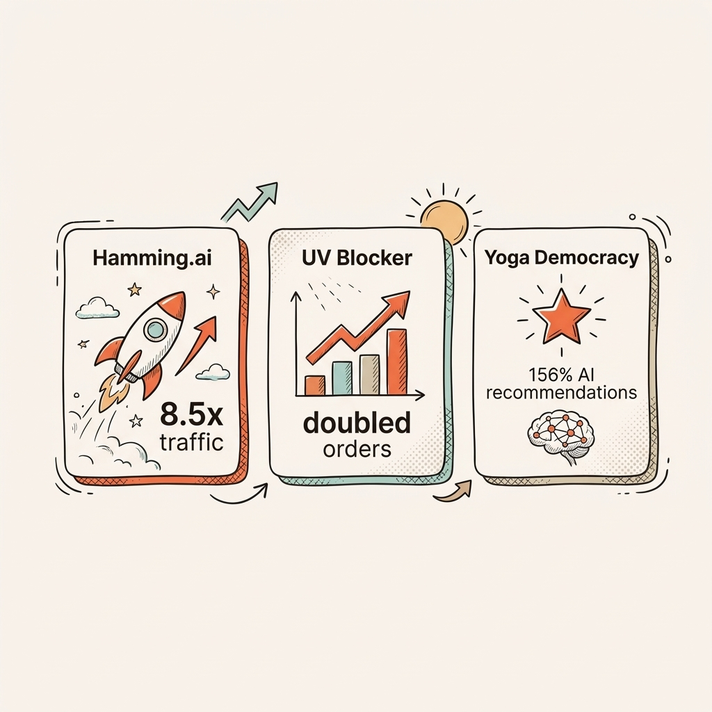 Cintra client case study results — Hamming.ai 8.5x traffic, UV Blocker 38K clicks, Yoga Democracy 156% AI recommendations increase