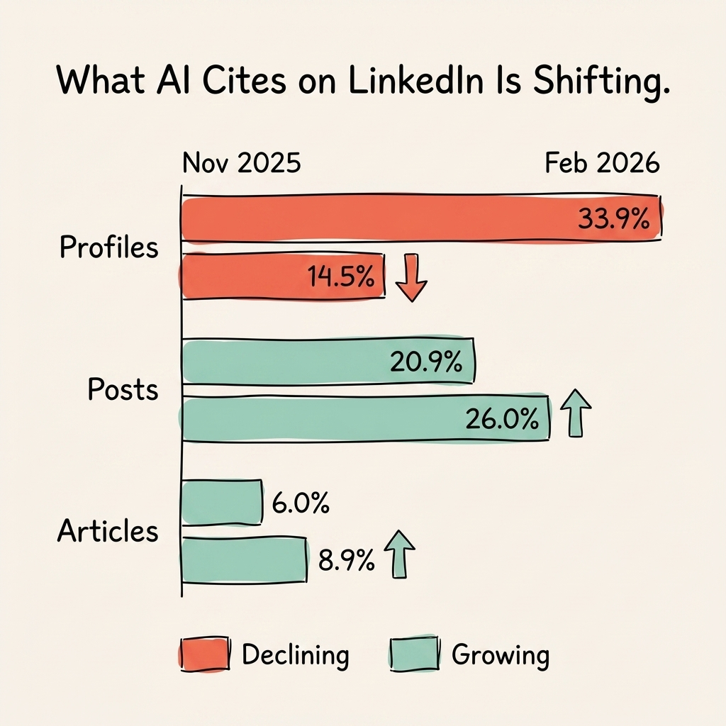 LinkedIn optimization for AI search data showing citations shifting from profile citations to content citations between November 2025 and February 2026