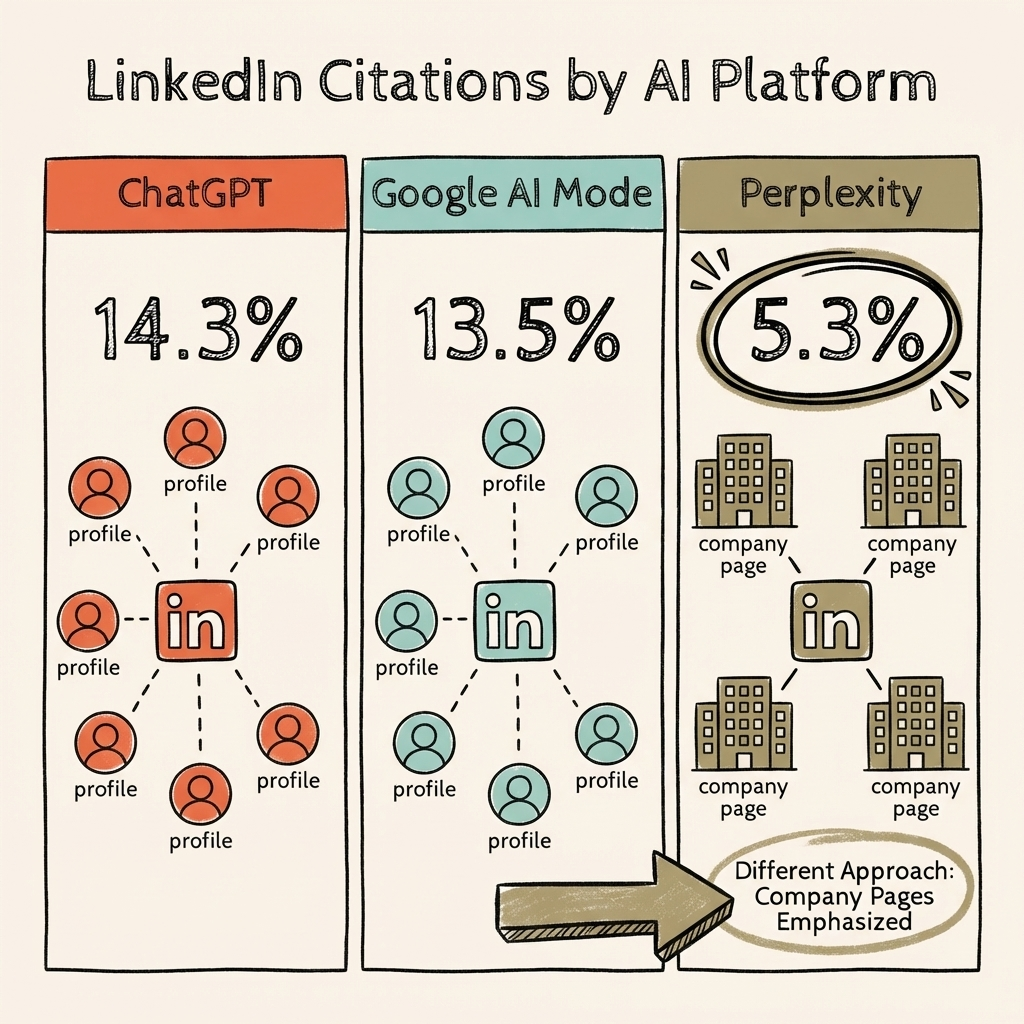 Cintra LinkedIn AI visibility comparison across ChatGPT, Google AI Mode, and Perplexity showing different citation rates and content preferences