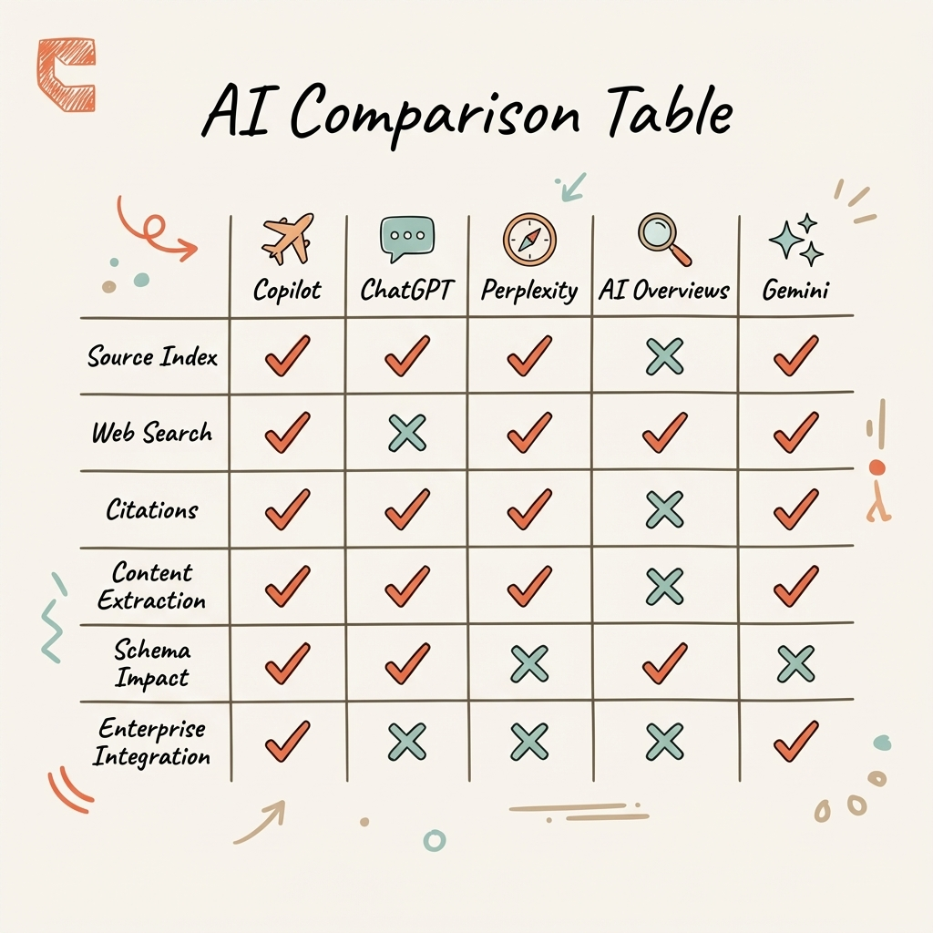 Cintra Microsoft Copilot optimization cross-platform AI search comparison showing Copilot vs ChatGPT vs Perplexity vs AI Overviews vs Gemini