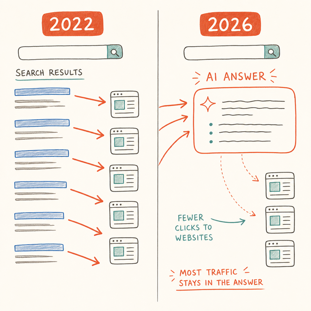 Organic traffic decline 2026 showing how AI Overviews intercept clicks before users reach websites