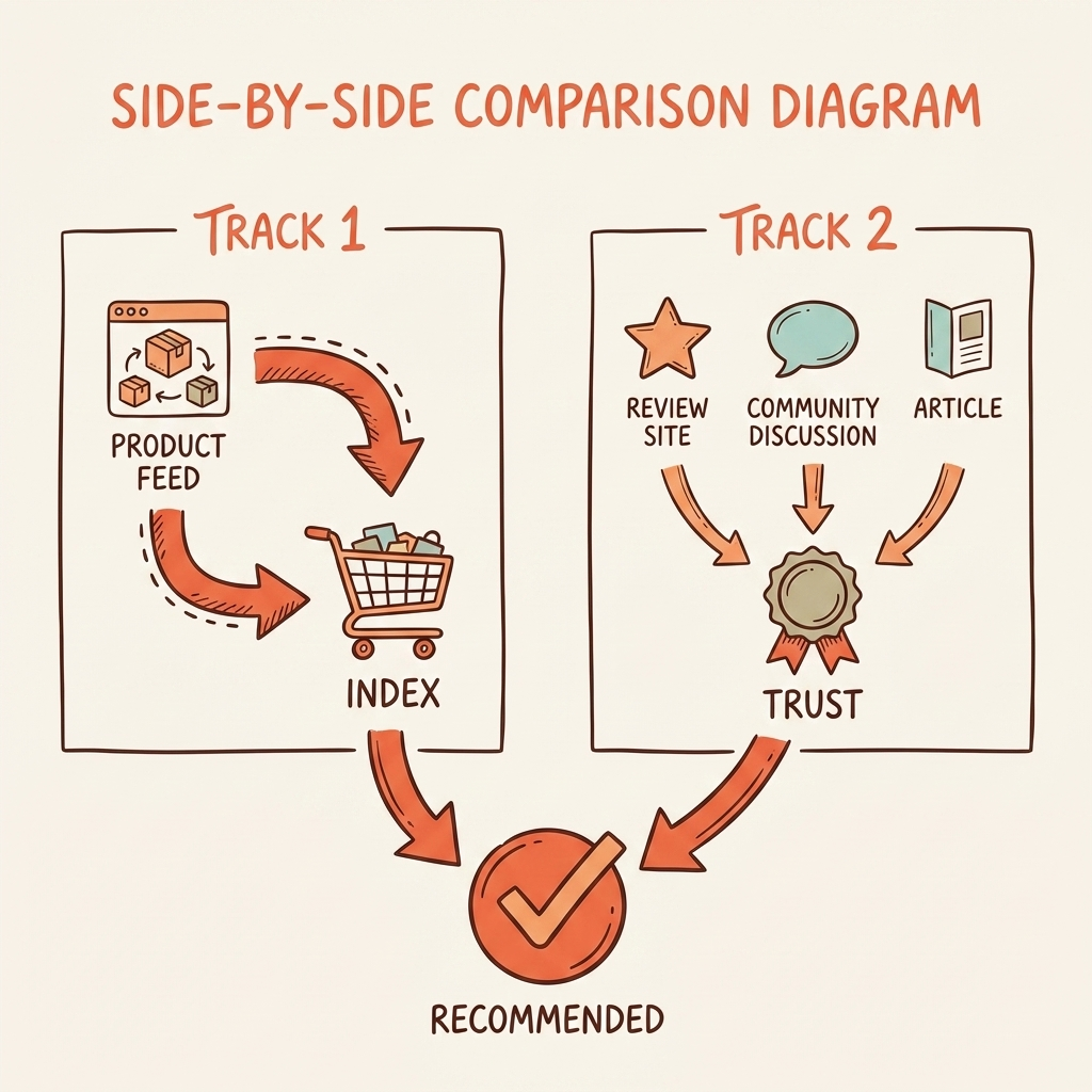 Cintra two-track framework for Perplexity shopping optimization combining product feeds and content authority