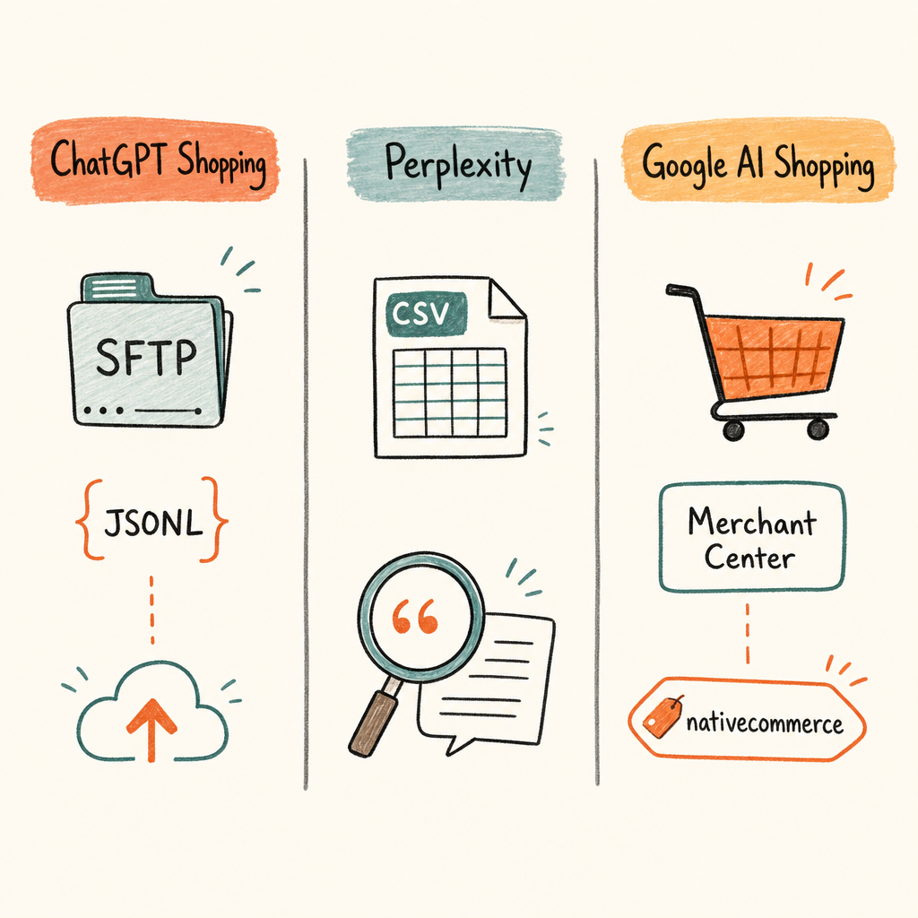 AI product feed optimization platform comparison showing ChatGPT Shopping, Perplexity, and Google AI Shopping requirements
