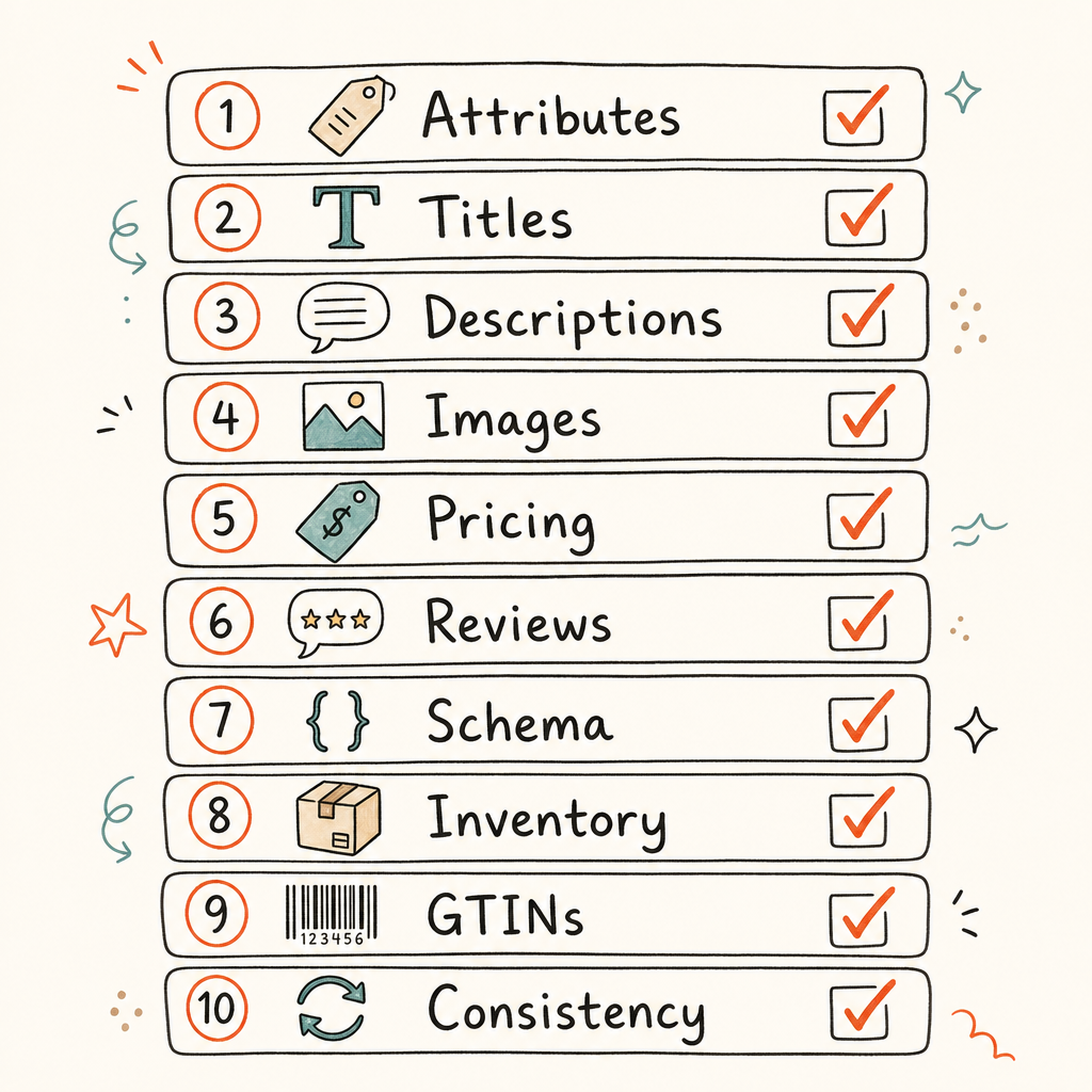 Product feed optimization AI shopping 10-point audit checklist with pass fail criteria