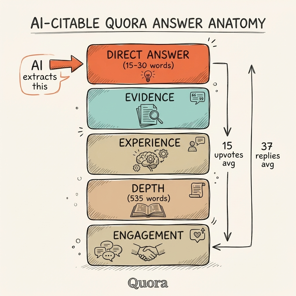 Cintra Quora answer framework for AI visibility showing structure of an AI-citable answer with word count and engagement benchmarks