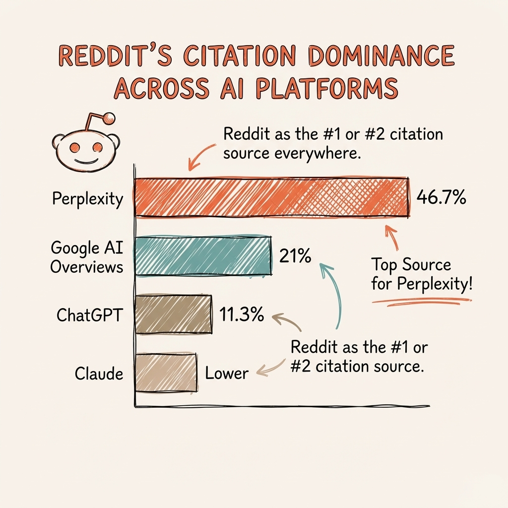 Cintra Reddit AI citations comparison showing Perplexity at 46.7% and Google AI Overviews at 21% across major AI platforms