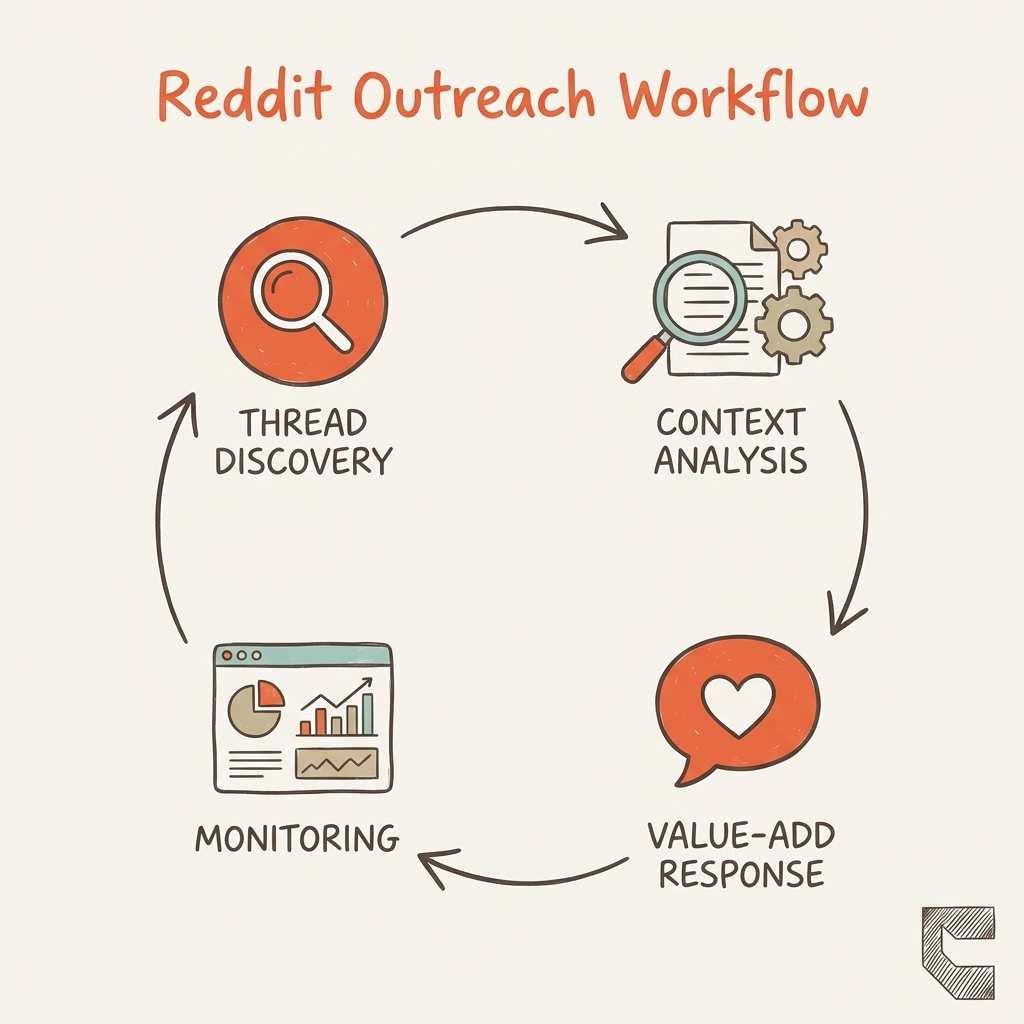 Cintra Reddit strategy for AI visibility operational workflow showing thread discovery, context analysis, value-add response, and monitoring