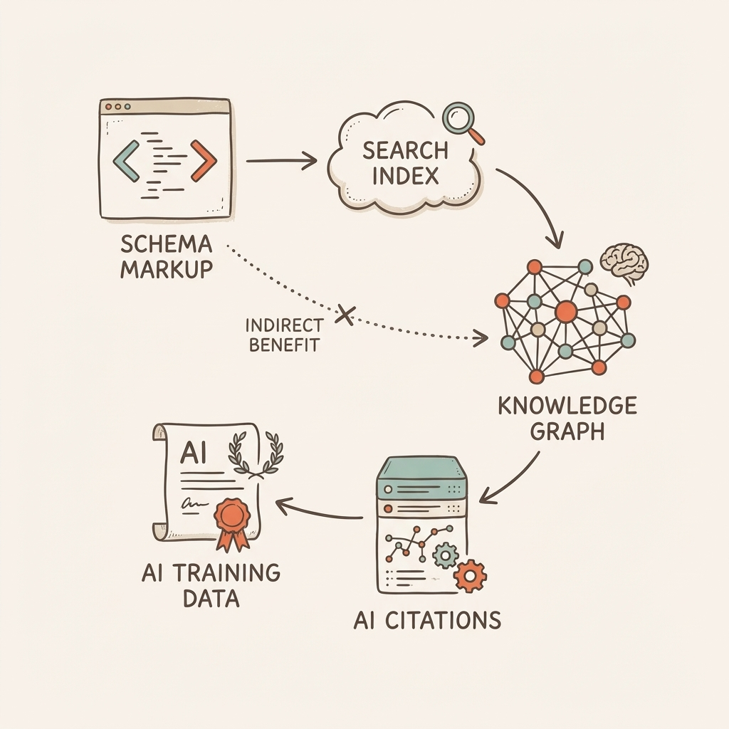 Cintra schema markup for AI visibility paradox diagram showing indirect pathway through Knowledge Graph