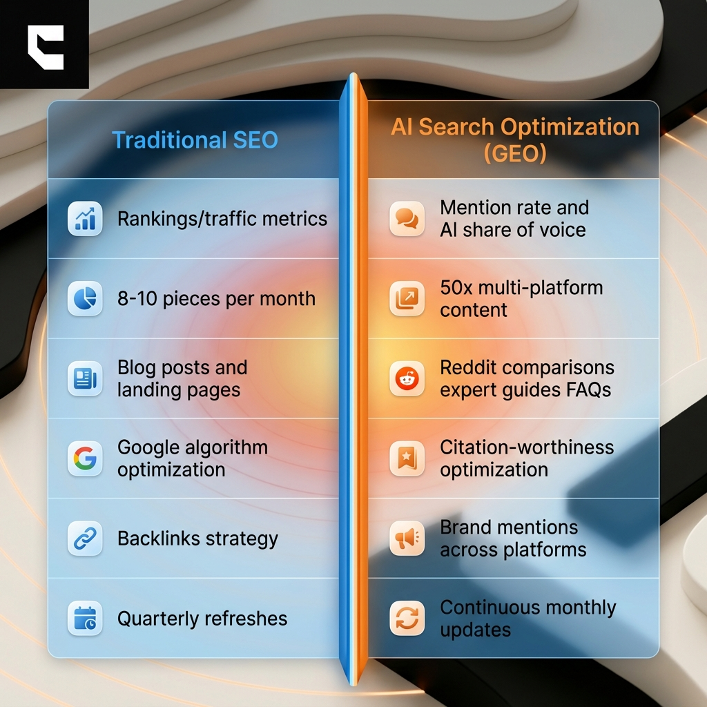 Cintra GEO vs SEO differences comparison showing traditional SEO limitations versus AI search optimization approach