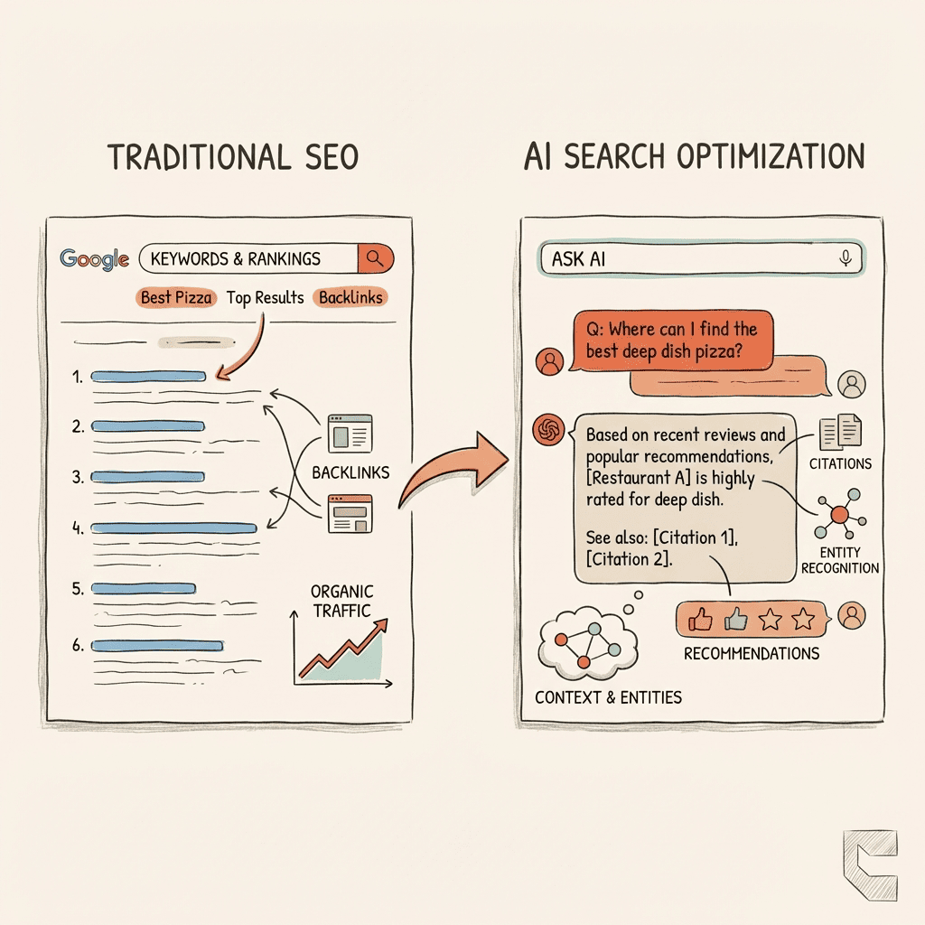 Cintra GEO vs SEO differences comparison showing traditional SEO limitations versus AI search optimization approach