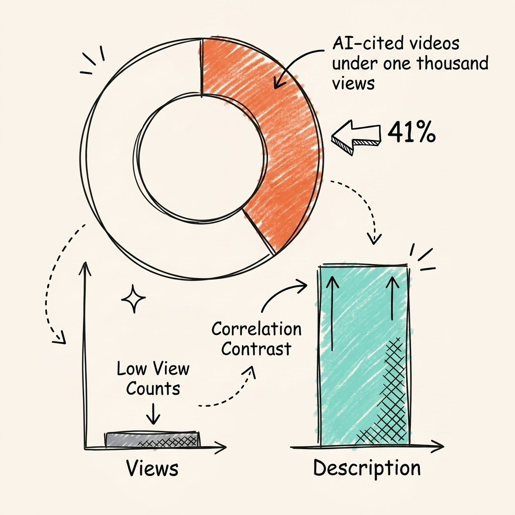 Cintra video AEO data showing views versus citations correlation near zero while description length strongly predicts AI citations