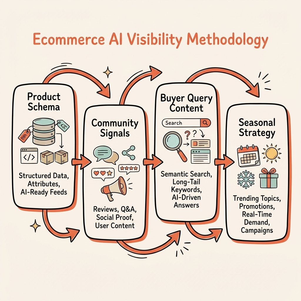 AI visibility for ecommerce brands — methodology covering product schema, community engagement, and seasonal content