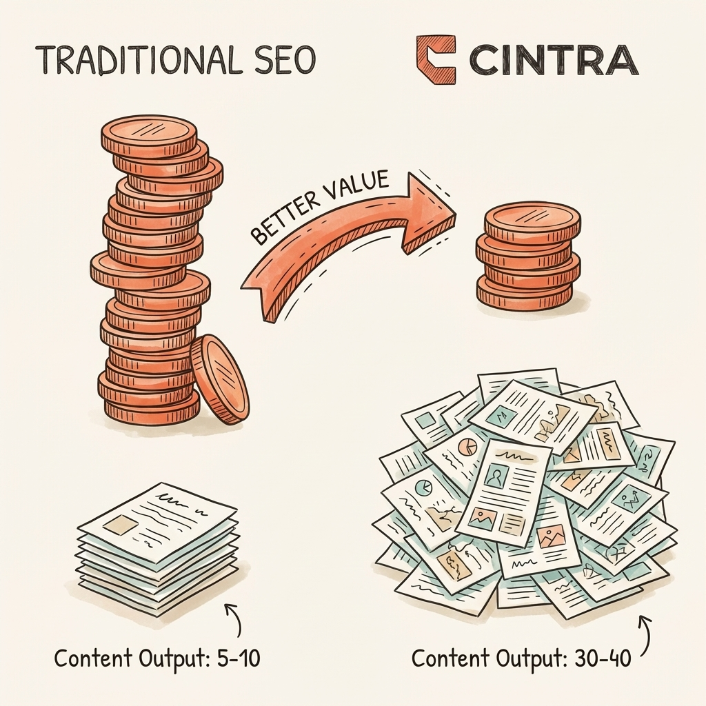 Cintra vs traditional SEO cost comparison — annual spend, content volume, and per-piece pricing