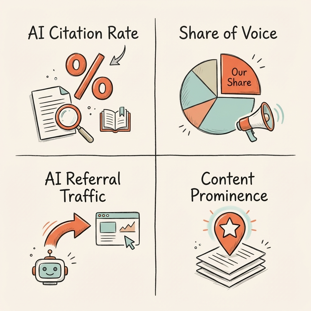 GEO measurement framework — citation rate, share of voice, AI referral traffic, and content prominence tracked weekly