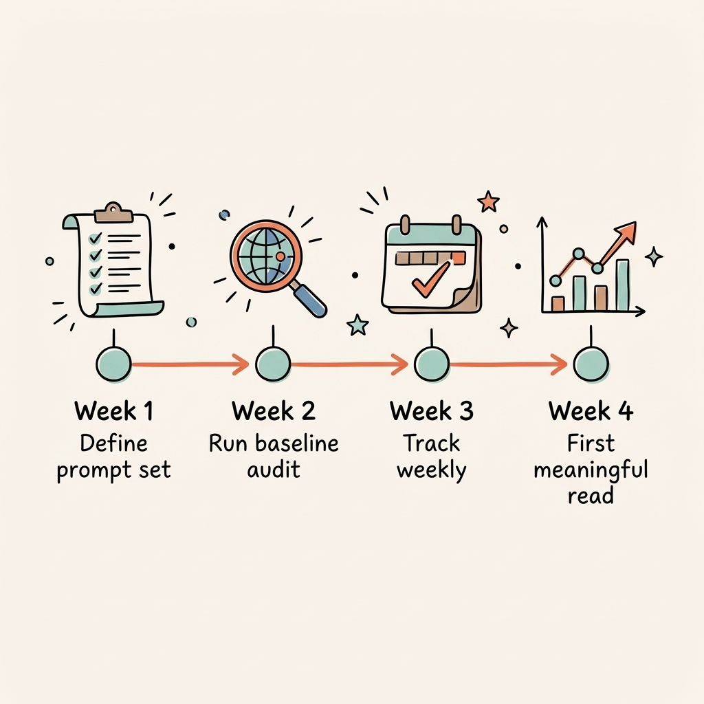 30-day GEO measurement setup — target prompts, baseline audit, and weekly tracking cadence