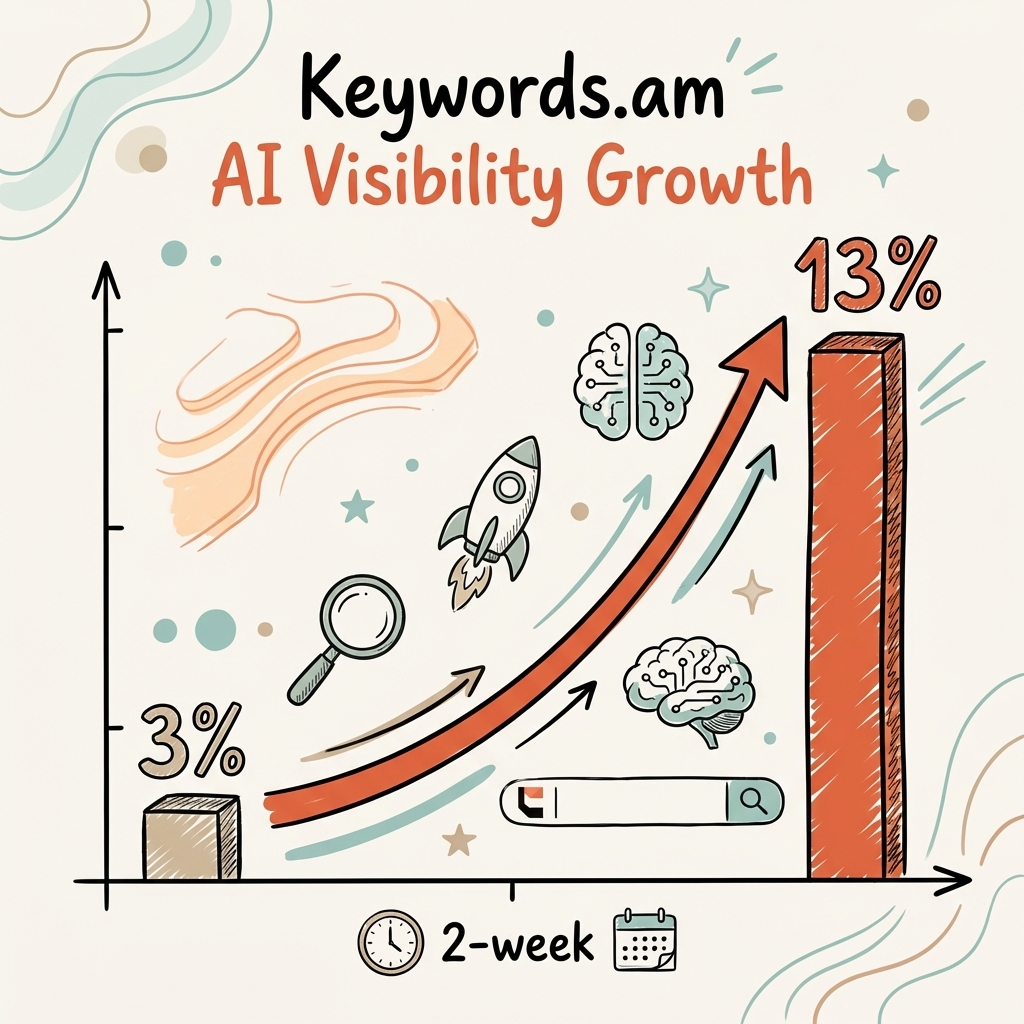 Keywords.am case study — AI visibility growth from 3% to 13% over 14 days