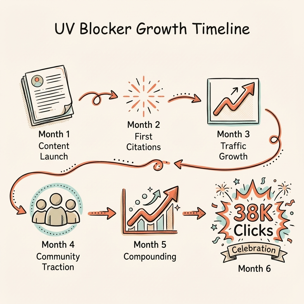 UV Blocker case study — traffic growth timeline from month 1 to month 6