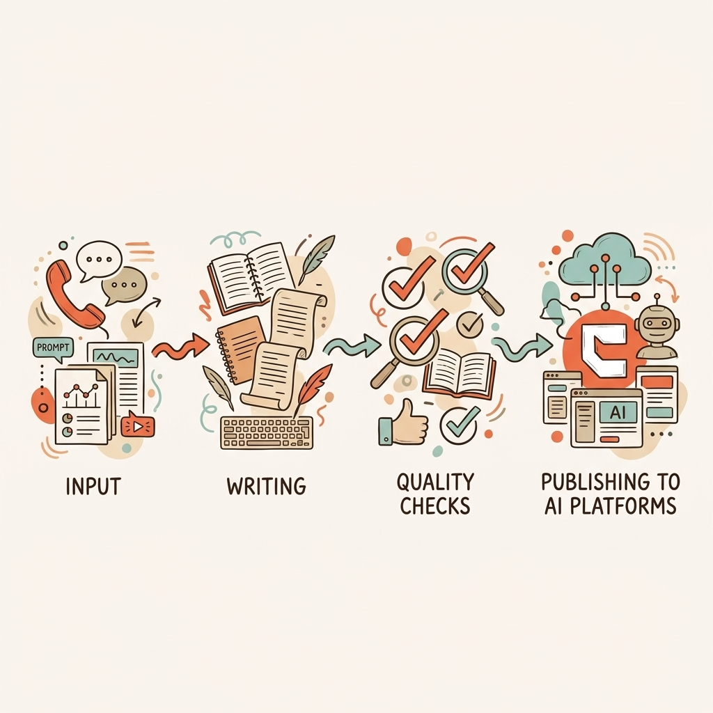 GEO-optimized content creation methodology — input, writing, quality checks, publishing to AI platforms
