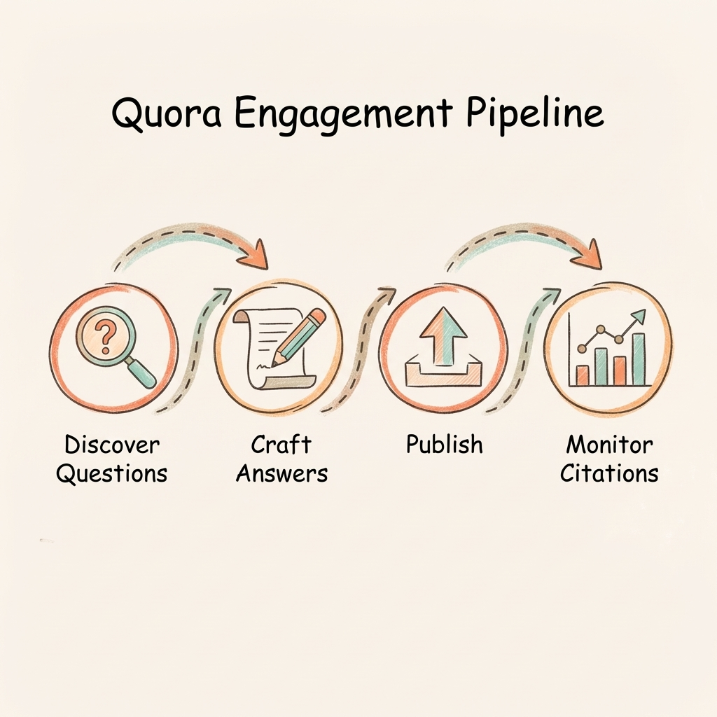 Quora engagement for AI citations — question discovery, answer drafting, and publishing pipeline