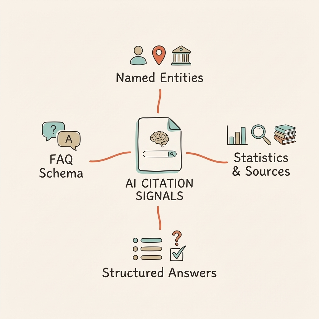 GEO content signals — entities, statistics, structured answers, and schema markup drive AI citations