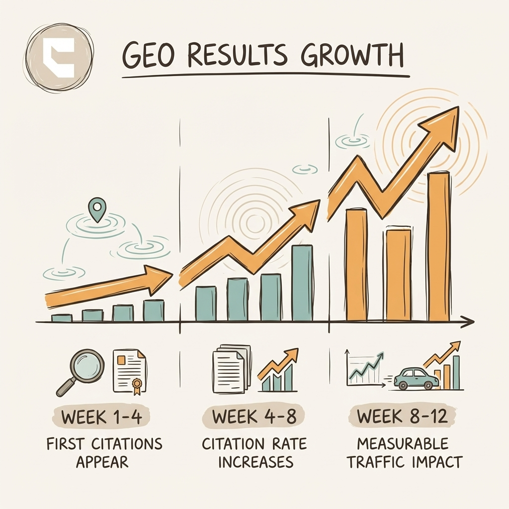 GEO results timeline — clients typically see first citations in weeks 4–8, measurable traffic by week 12